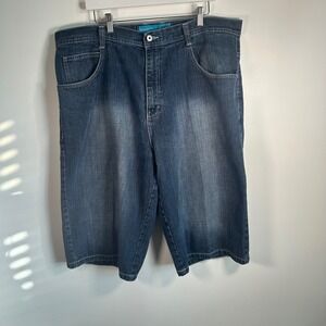 WCKD BRAND Mens Y2K Long Denim Shorts Size 40 Blue Wash Classic Fit Plaid Accent